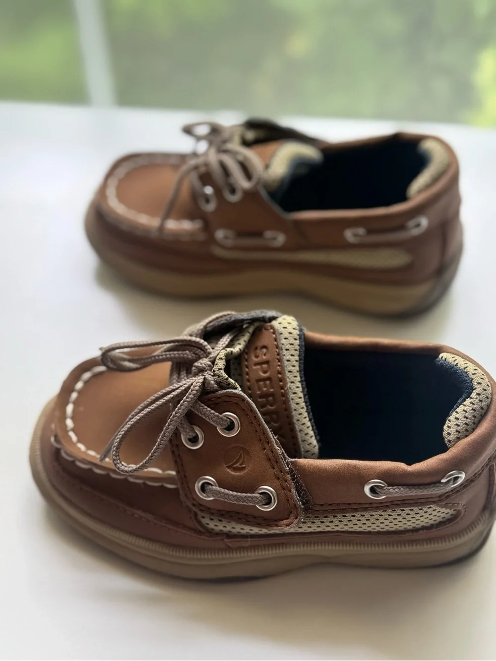 Sperry Brown Kids Boat Shoes with Tan Mesh Accents